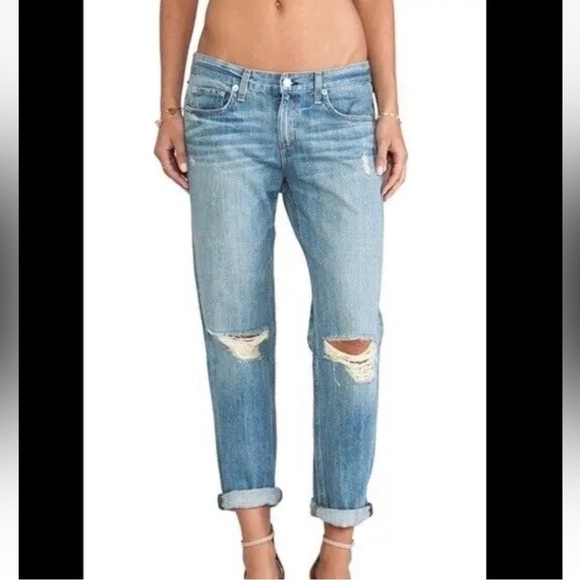 Rag & Bone Boyfriend Jeans Distressed In Moss With Holes Sz 25 (Meas. 30x27) - Picture 1 of 13